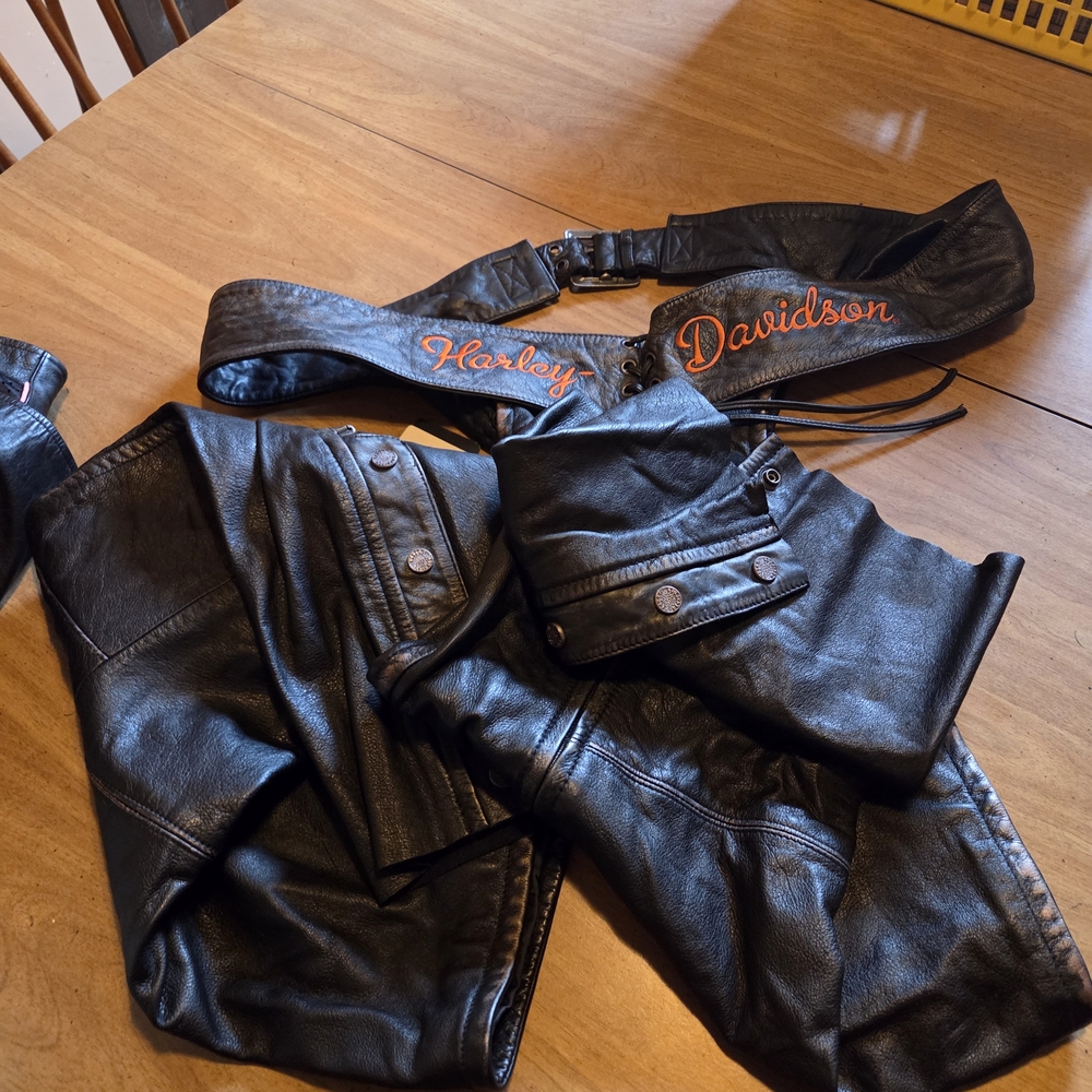 Harley-Davidson Black Leather Motorcycle Chaps with Orange Script NWT